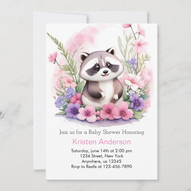 Pink Wildflower Raccoon Girl Baby Shower Invitation (Front)