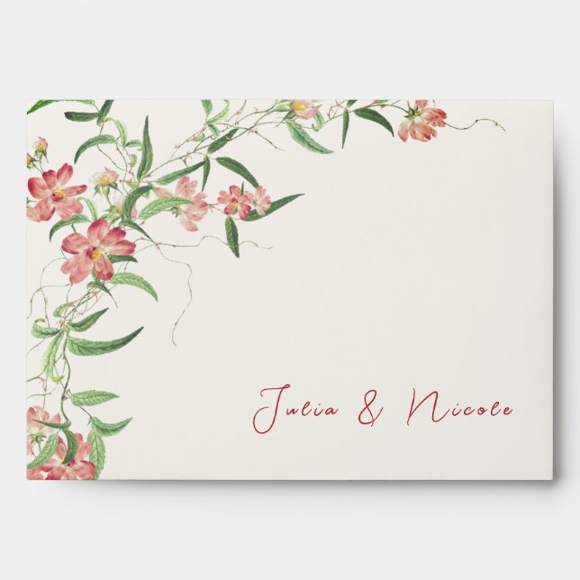 Pink Wildflower Rose Spring Garland Wedding Envelope (Front)
