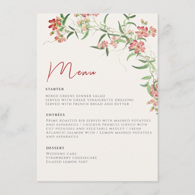 Pink Wildflower Rose Spring Garland Wedding Menu (Front)