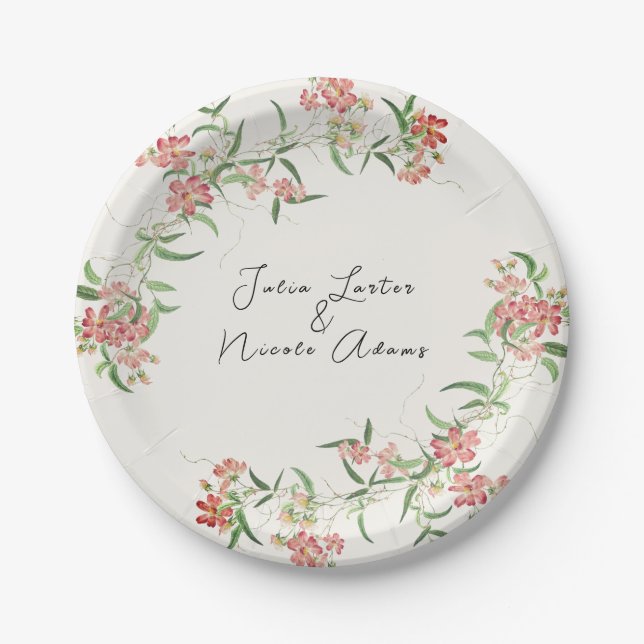 Pink Wildflower Rose Spring Garland Wedding Paper Plates (Front)
