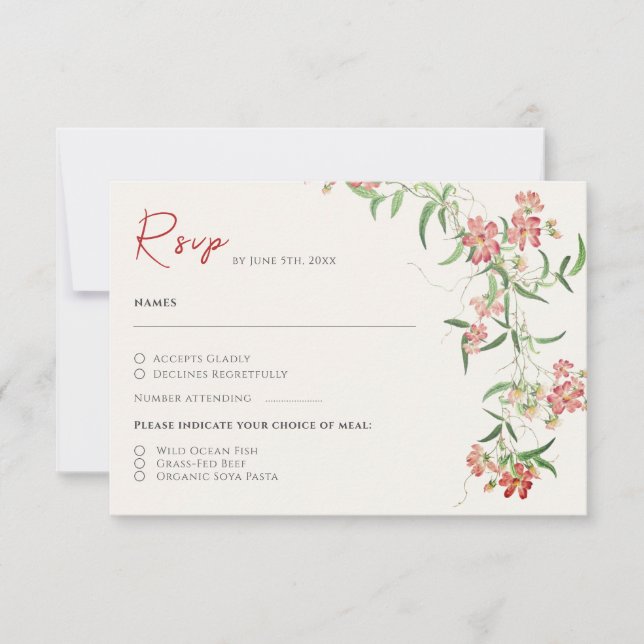 Pink Wildflower Rose Spring Garland Wedding RSVP Card (Front)