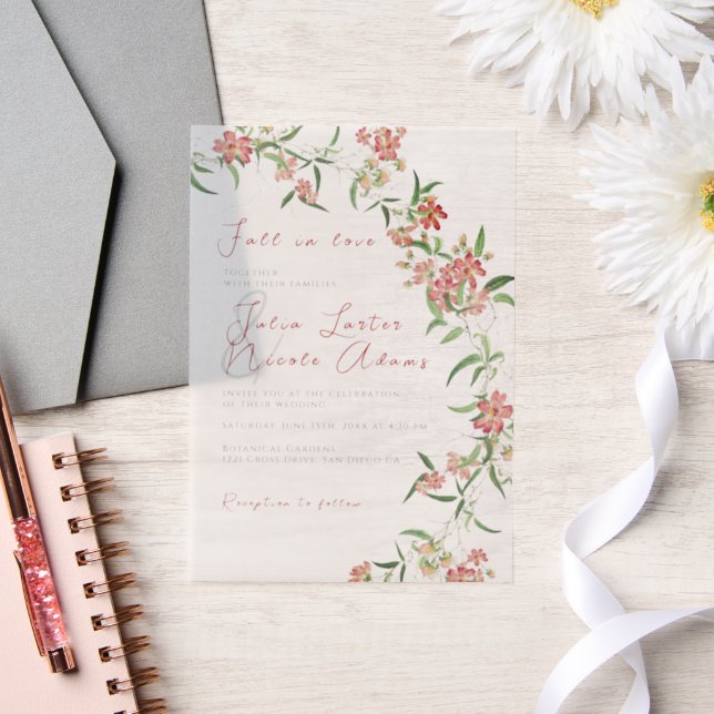 Pink Wildflower Rose Spring Garland Wedding Vellum Invitations (Wedding)