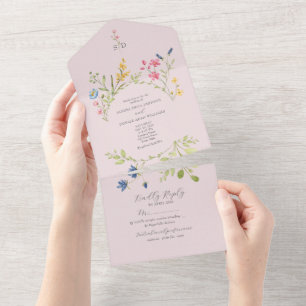 Pink Wildflower Rustic Boho Wedding All In One Invitation
