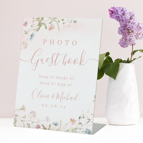 Pink Wildflower rustic Wedding Photo Guest Book Pedestal Sign