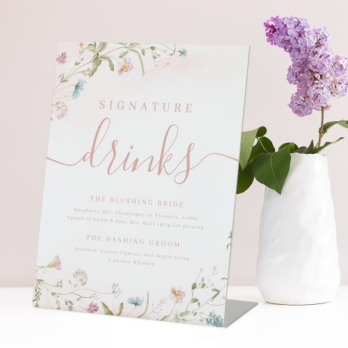 Pink Wildflower rustic Wedding Signature Drinks Pedestal Sign