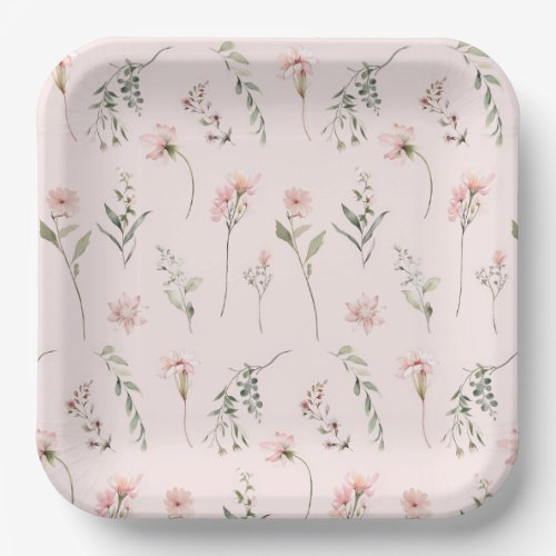 Pink wildflower sage green greenery party paper plates