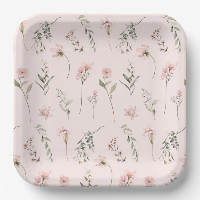 Pink wildflower sage green greenery party paper plates (Front)