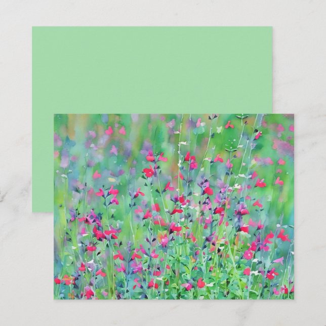 Pink Wildflower Salvia Flower Art Note Card Set (Front/Back)