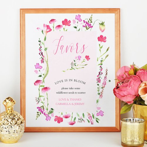 Pink Wildflower Seeds Bridal Shower Favors Sign