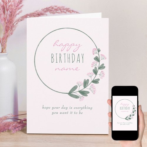 Pink Wildflower Simple Personalized Happy Birthday Card