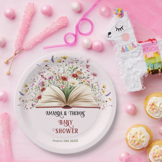 Pink Wildflower Storybook Blue Baby Shower  Paper Plates (Party)