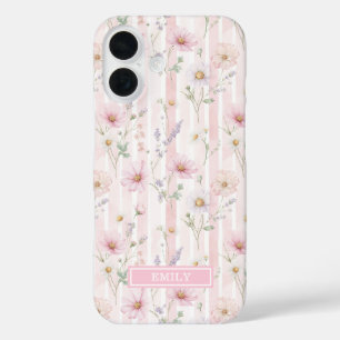 Pink Wildflower Striped Monogrammed iPhone 16 Case