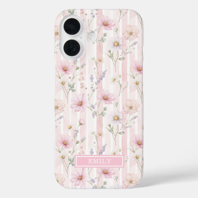 Pink Wildflower Striped Monogrammed Case-Mate iPhone Case (Back)