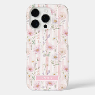 Pink Wildflower Striped Monogrammed iPhone 16 Pro Case