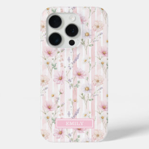 Pink Wildflower Striped Monogrammed iPhone 15 Pro Case