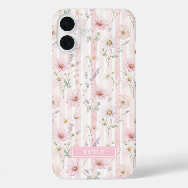 Pink Wildflower Striped Monogrammed Case-Mate iPhone Case (Back)