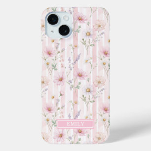Pink Wildflower Striped Monogrammed iPhone 15 Plus Case