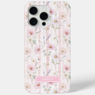 Pink Wildflower Striped Monogrammed iPhone 15 Pro Max Case