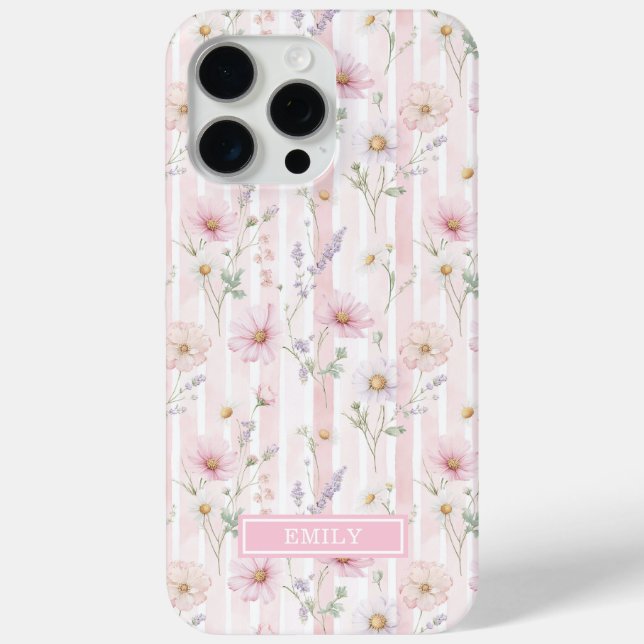 Pink Wildflower Striped Monogrammed Case-Mate iPhone Case (Back)