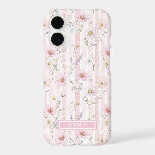 Pink Wildflower Striped Monogrammed iPhone 17 Case