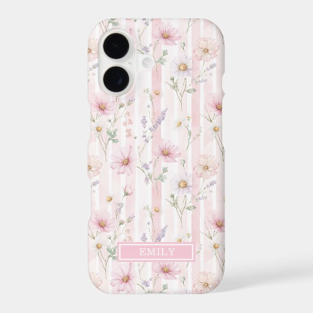 Pink Wildflower Striped Monogrammed Case-Mate iPhone Case (Back)