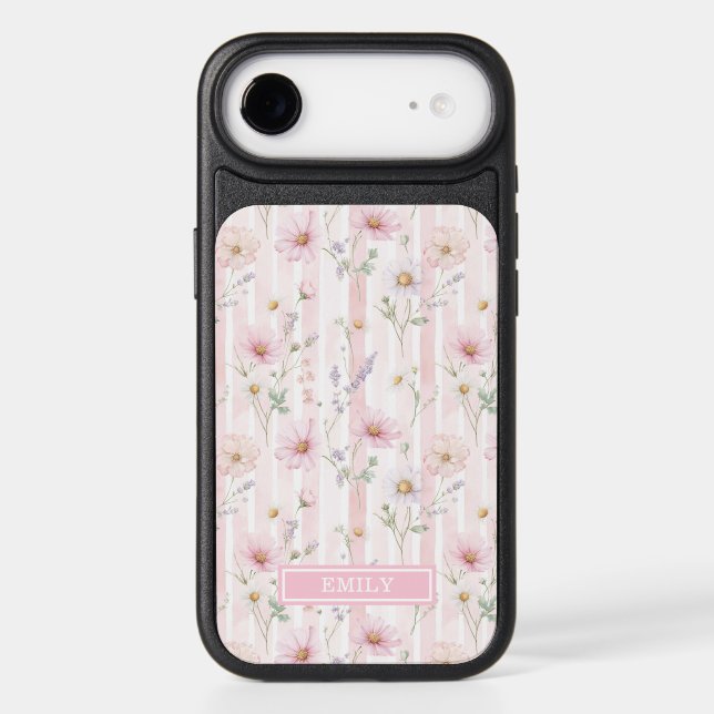 Pink Wildflower Striped Monogrammed Otterbox iPhone Case (Back)