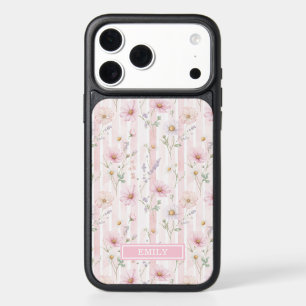 Pink Wildflower Striped Monogrammed iPhone 17 Pro Max Case