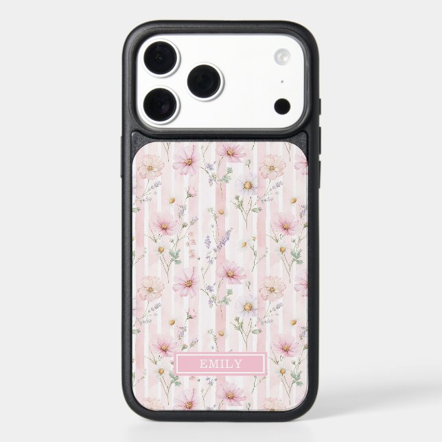 Pink Wildflower Striped Monogrammed Otterbox iPhone Case (Back)