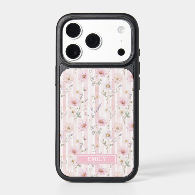 Pink Wildflower Striped Monogrammed Otterbox iPhone Case (Back)