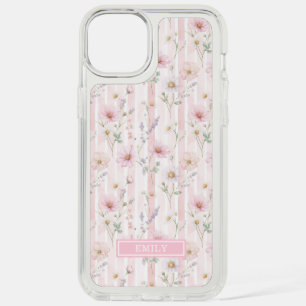 Pink Wildflower Striped Monogrammed iPhone 15 Plus Case