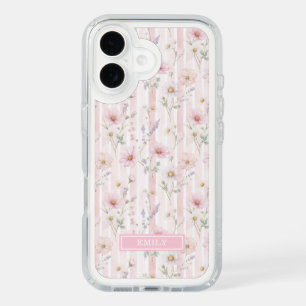 Pink Wildflower Striped Monogrammed iPhone 16 Case