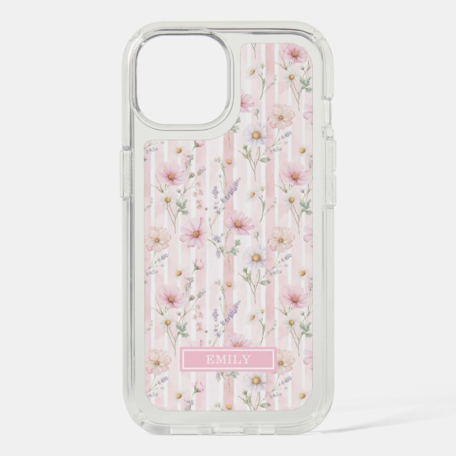 Pink Wildflower Striped Monogrammed Speck iPhone Case (Front)