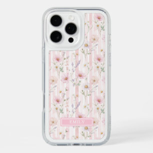 Pink Wildflower Striped Monogrammed iPhone 16 Pro Max Case