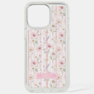 Pink Wildflower Striped Monogrammed iPhone 15 Pro Max Case