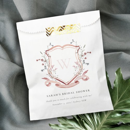 Pink Wildflower Watercolor Crest Bridal Shower Favor Bag