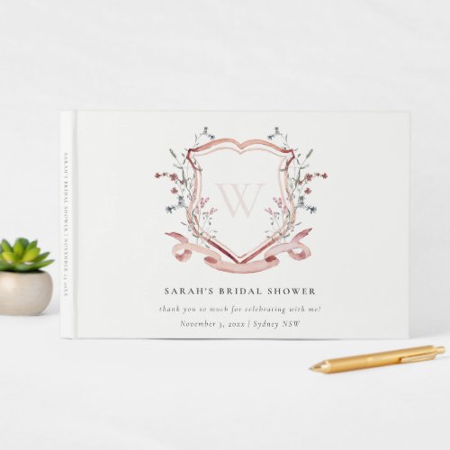 Pink Wildflower Watercolor Crest Bridal Shower Guest Book