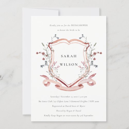 Pink Wildflower Watercolor Crest Bridal Shower Invitation