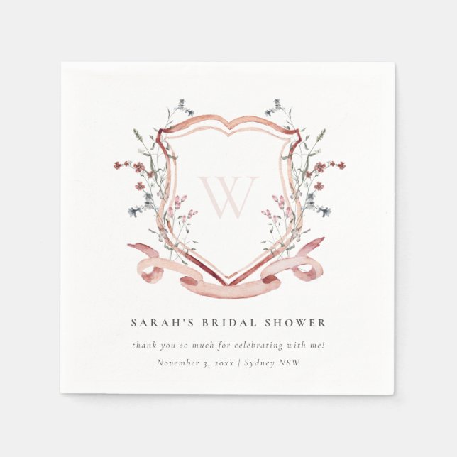 Pink Wildflower Watercolor Crest Bridal Shower Napkins (Front)