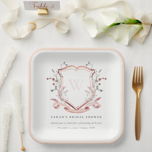 Pink Wildflower Watercolor Crest Bridal Shower Paper Plates