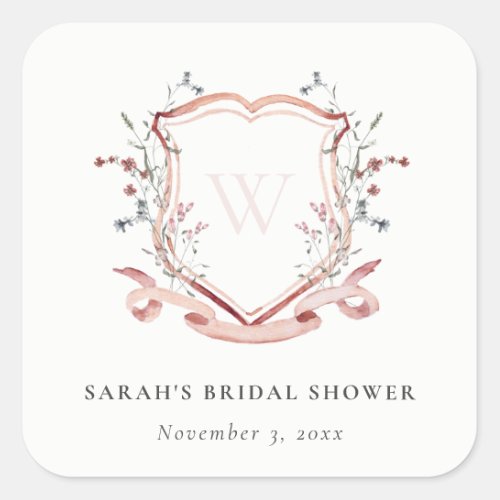 Pink Wildflower Watercolor Crest Bridal Shower Square Sticker