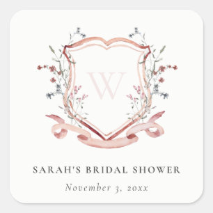 Pink Wildflower Watercolor Crest Bridal Shower Square Sticker