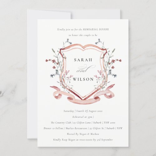 Pink Wildflower Watercolor Crest Rehearsal Dinner Invitation