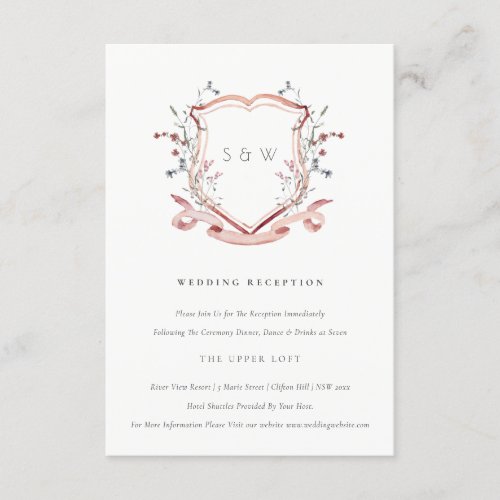 Pink Wildflower Watercolor Crest Wedding Reception Enclosure Card