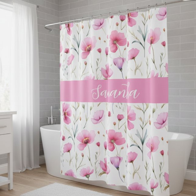 Pink Wildflower Watercolor Custom Name Shower Curtain (Creator Uploaded)