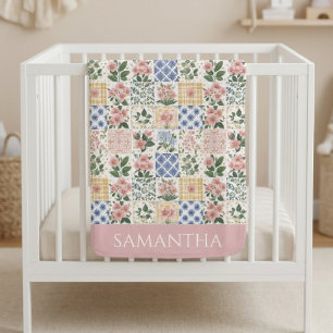 Pink Wildflower Watercolor Floral Name Baby Blanket
