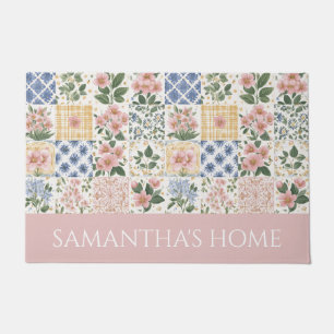 Pink Wildflower Watercolor Floral Name Doormat