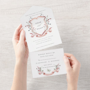 Pink Wildflower Watercolor Monogram Crest Wedding All In One Invitation