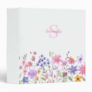 Pink Wildflower Watercolor Monogram Name 3 Ring Binder