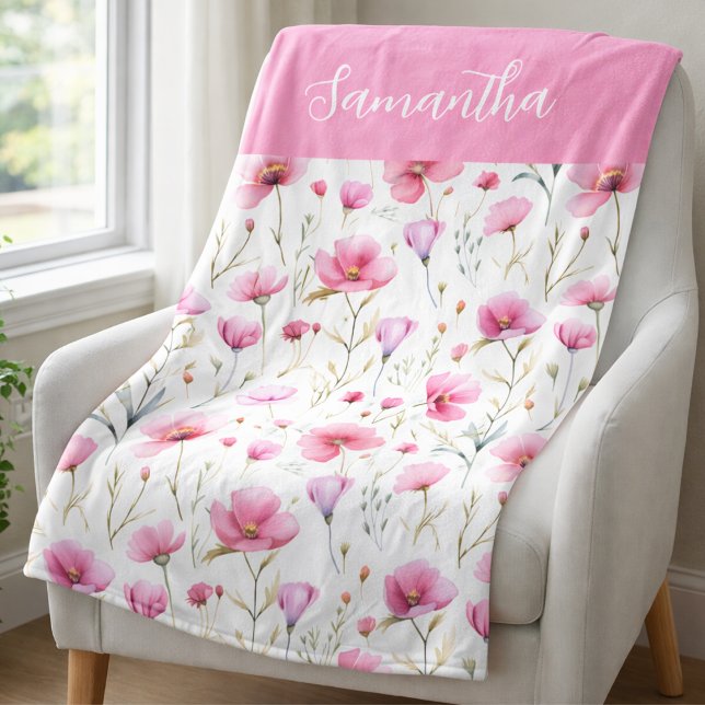 Pink Wildflower Watercolor Name  Fleece Blanket (Creator Uploaded)