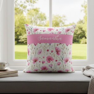 Pink Wildflower Watercolor Name  Throw Pillow